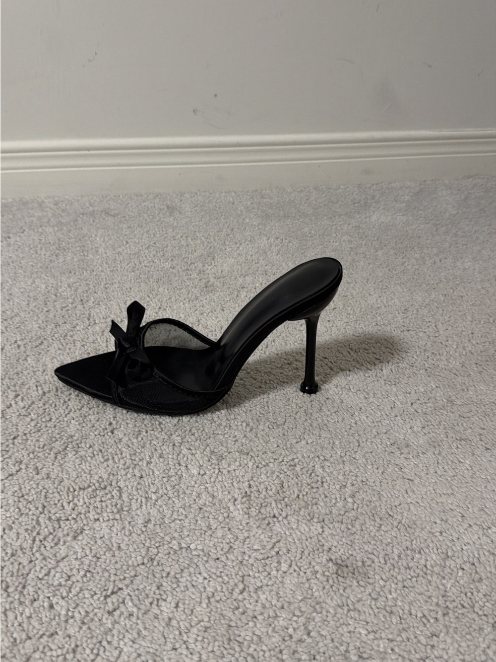 Black Pointed-Toe Stiletto Mule with Bow Accent